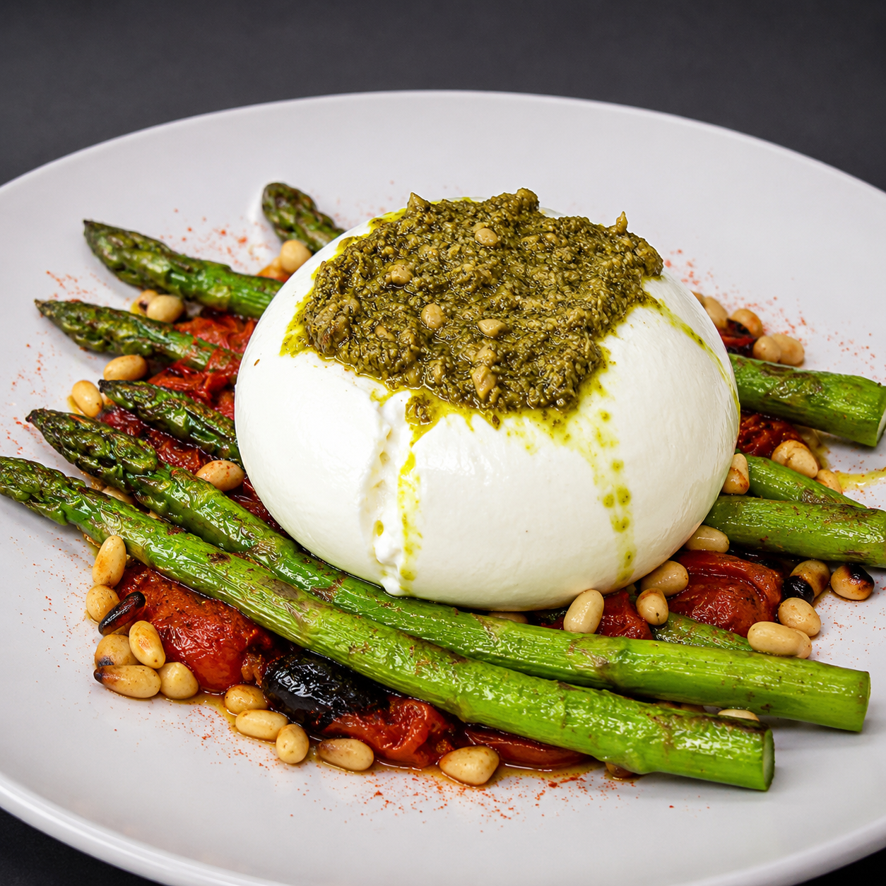 Burrata cremosa con pesto, espárragos verdes y piñones — Gelerik
