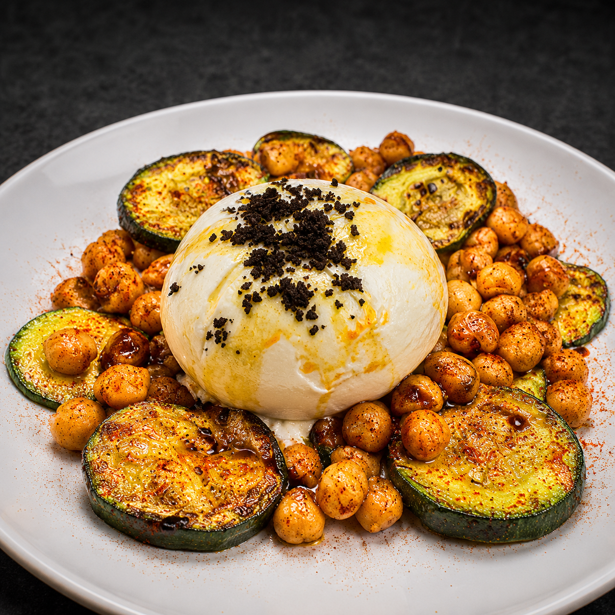 Burrata con trufa negra, garbanzos especiados y calabacín — Gelerik